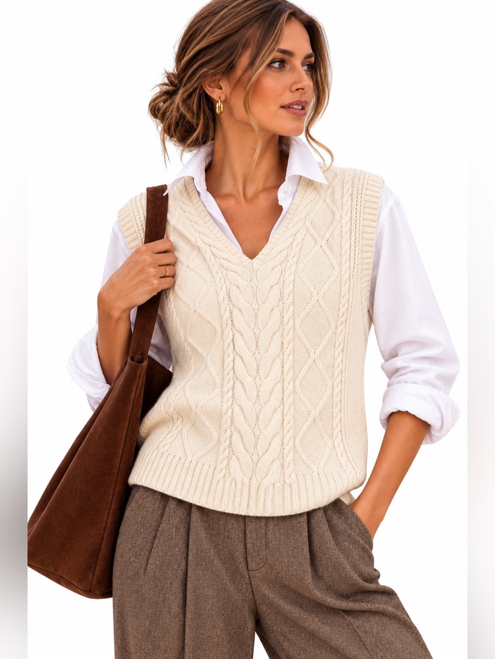 Varley Kay Cable Knit Sweater Vest Women’s M Snow White Ivory Anthropologie
